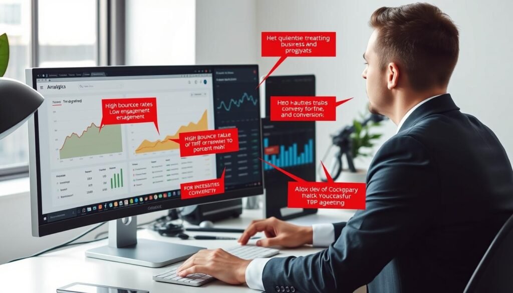 Business person analyzing website traffic mistakes and solutions Business person analyzing website traffic mistakes and solutions
