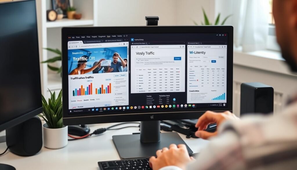 Person researching website traffic solutions on computer Person researching website traffic solutions on computer