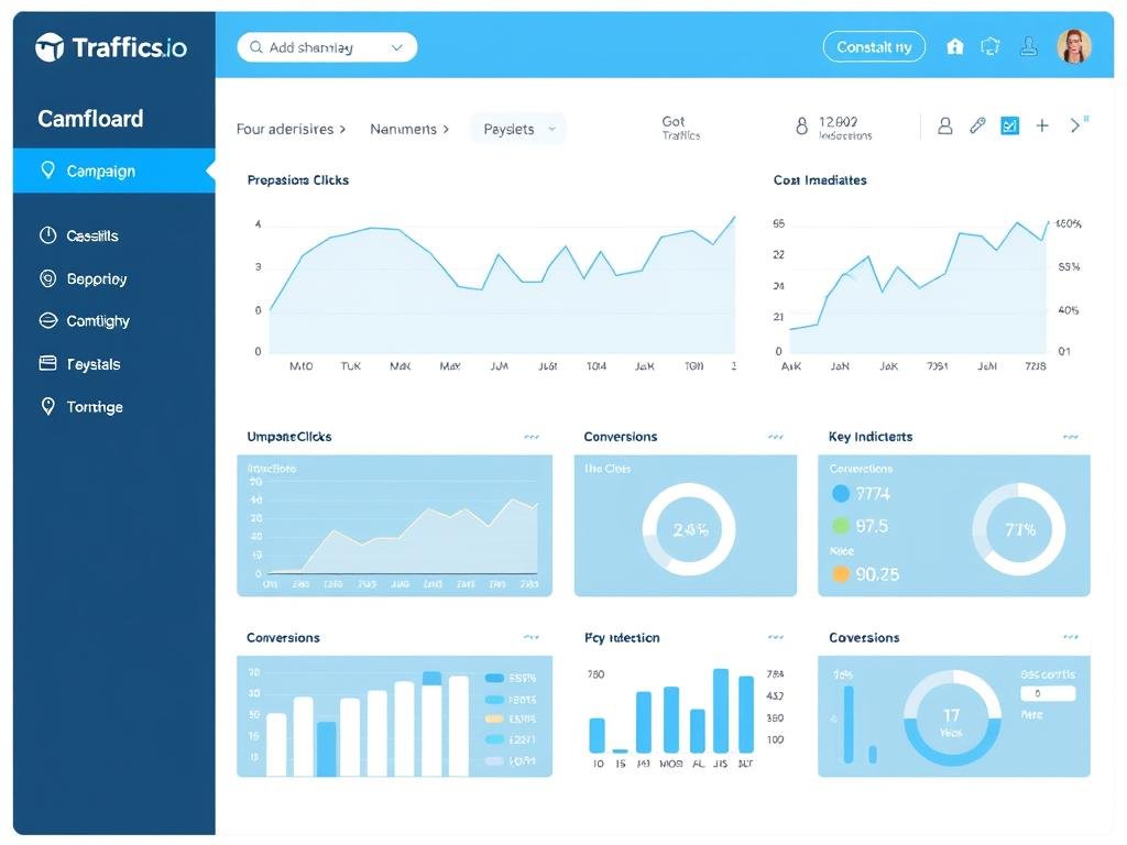 Traffics.io campaign performance dashboard with metrics and charts Traffics.io campaign performance dashboard with metrics and charts