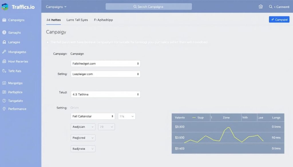 Traffics.io platform interface showing campaign creation and management Traffics.io platform interface showing campaign creation and management