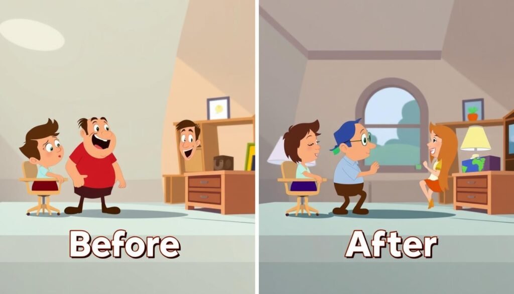 Before and after comparison of 2D animated explainer video editing showing dramatic quality improvement Before and after comparison of 2D animated explainer video editing showing dramatic quality improvement