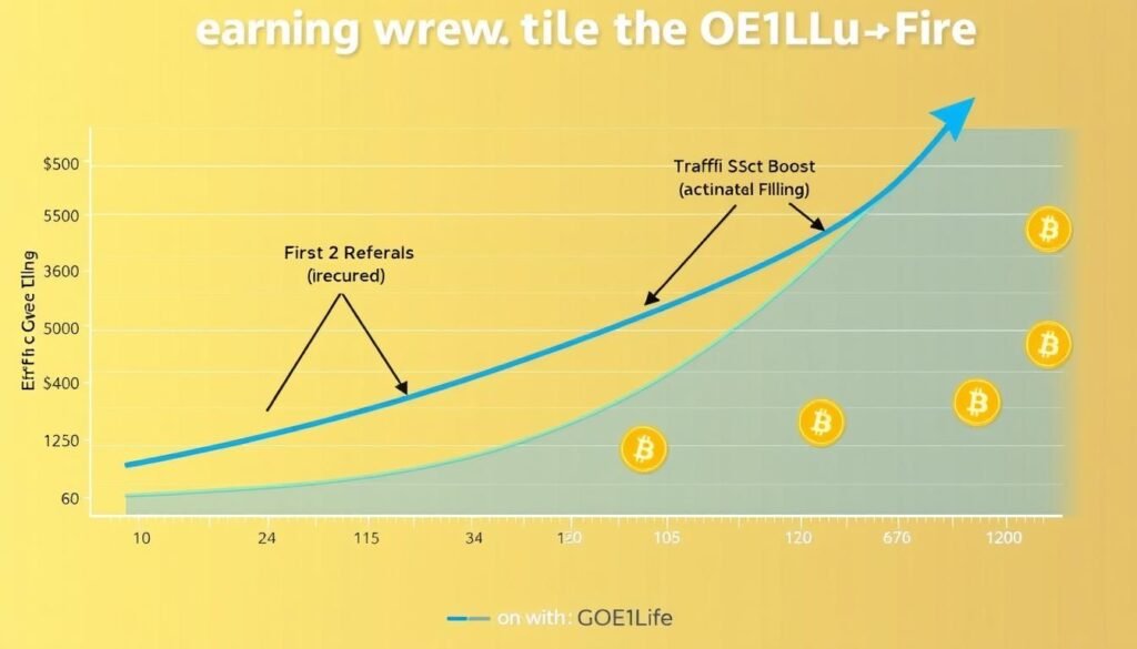 Chart showing growth potential of bitcoin earnings through GOE1ULife's matrix system Chart showing growth potential of bitcoin earnings through GOE1ULife's matrix system