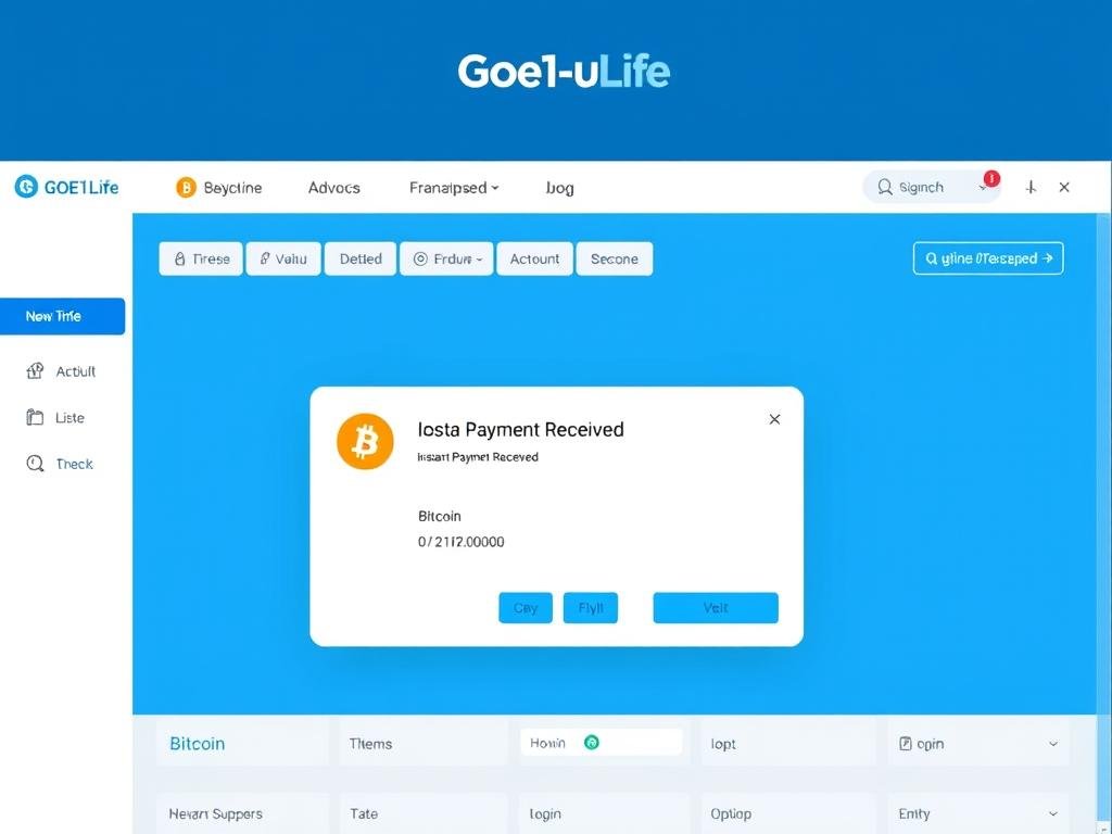 GOE1ULife platform interface showing instant bitcoin payment confirmation GOE1ULife platform interface showing instant bitcoin payment confirmation