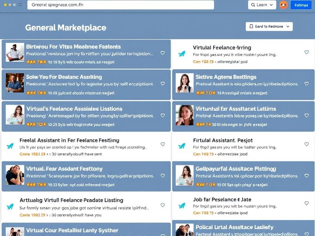 General freelance marketplace showing various virtual assistant jobs General freelance marketplace showing various virtual assistant jobs