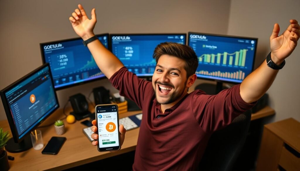Person celebrating successful bitcoin earnings through GOE1ULife platform Person celebrating successful bitcoin earnings through GOE1ULife platform