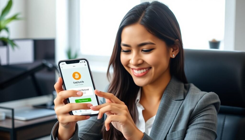 Person receiving instant Bitcoin payments on their smartphone through GOE1ULife crypto side hustle platform