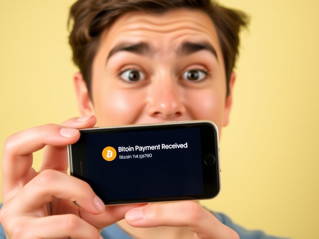 Person receiving instant bitcoin payment notification on mobile device Person receiving instant bitcoin payment notification on mobile device