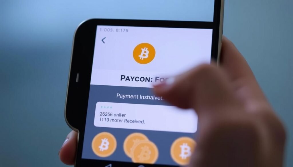 Person receiving instant bitcoin payment on smartphone with transaction confirmation screen