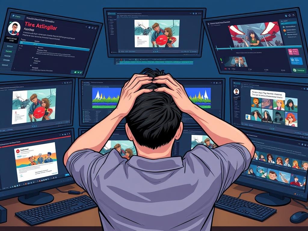 Person struggling with complex 2D animation editing software showing frustration