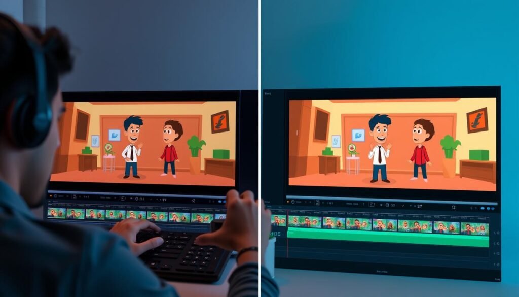 Professional 2D animated explainer video being edited with visual effects and transitions