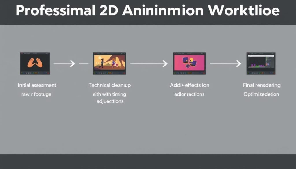 Professional 2D animation editing workflow showing different stages of the process Professional 2D animation editing workflow showing different stages of the process