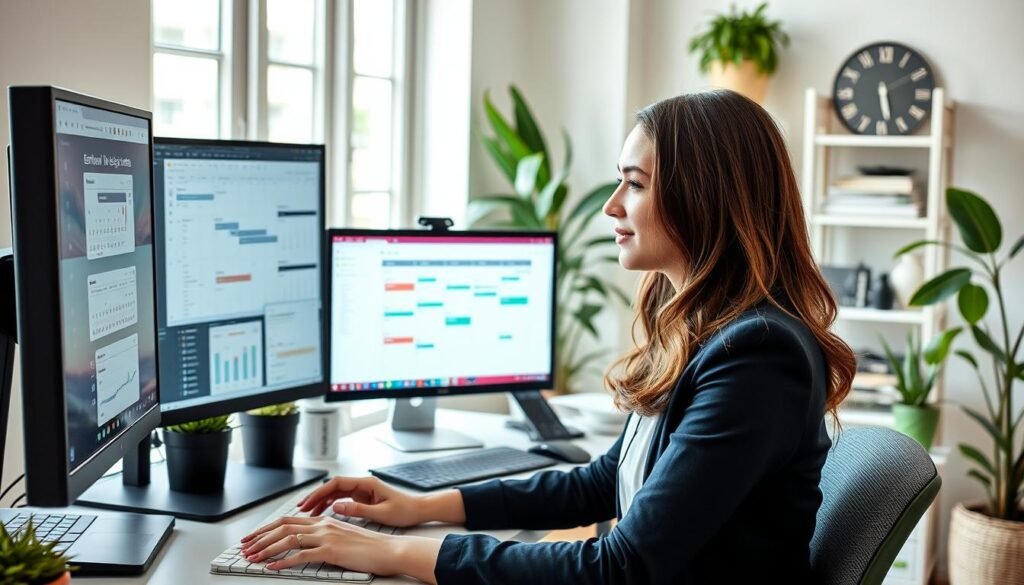 Professional remote executive assistant working from home office with multiple screens displaying calendar and email management
