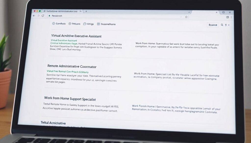 Various administrative assistant work from home jobs displayed on a laptop screen Various administrative assistant work from home jobs displayed on a laptop screen