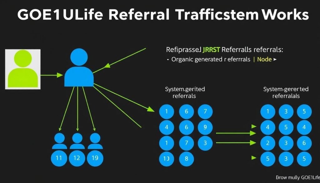 Visual representation of GOE1ULife's referral traffic system showing network growth Visual representation of GOE1ULife's referral traffic system showing network growth