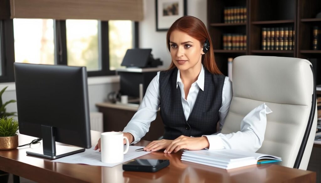 Professional woman working as a work from home legal assistant at her desk with legal documents
