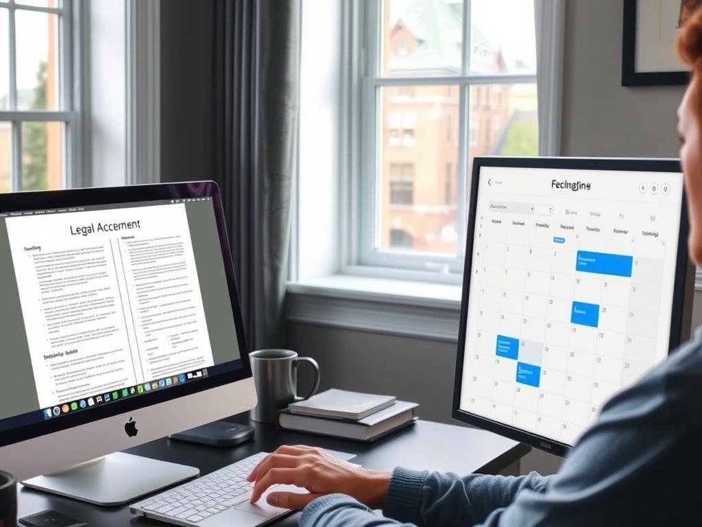 Remote legal assistant reviewing documents on computer with flexible schedule benefits